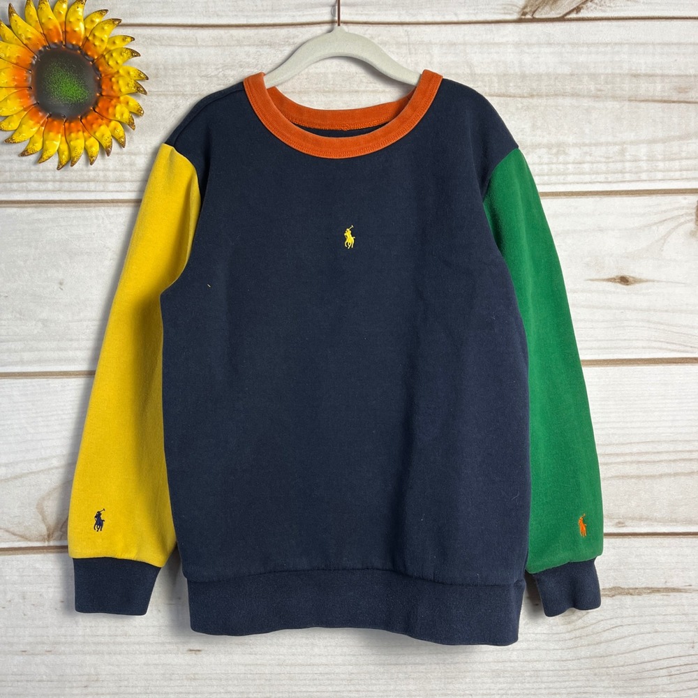 Kids Ralph Lauren Crewneck Sweatshirt Colorblock Navy Yellow Green Boys 7